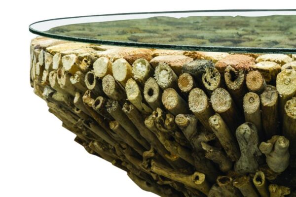 Driftwood Round Coffee Table w Glass Top