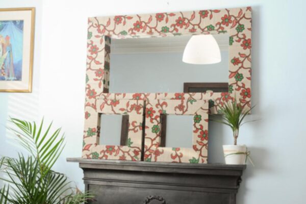 Woven Reed Mirror Set of 3 (100x60 + 2 SM Square) Red Flower Motif