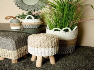 Stripy Round Basketweave Stool - Natural Top