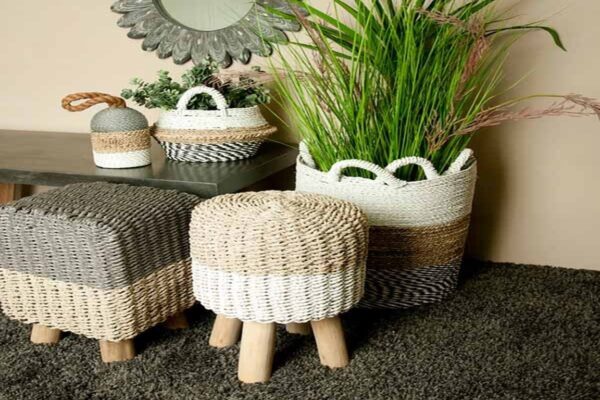 Stripy Round Basketweave Stool - Natural Top