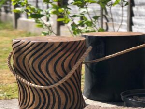 Natural Teak Root Round Black Stool with Rope