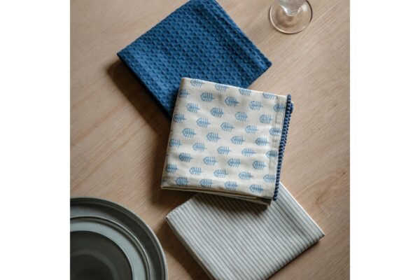 Fleur Floral Stamp Tea Towel Blue 3pk