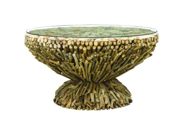 Driftwood Round Coffee Table w Glass Top