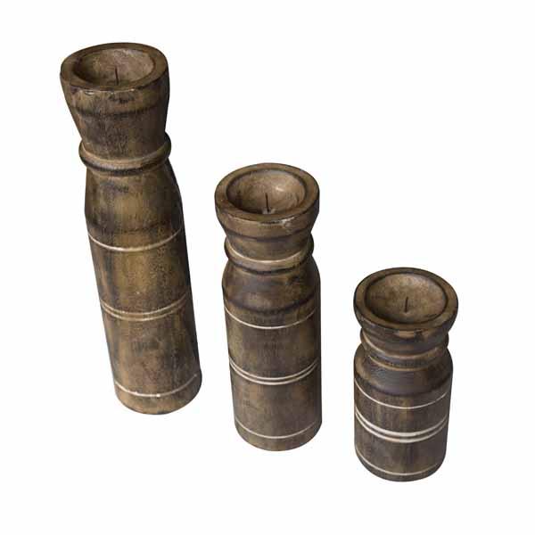 Set of 3 Carved Pillar Candlesticks