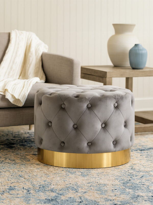 Loretta grey velvet stool with matte gold finish metal base