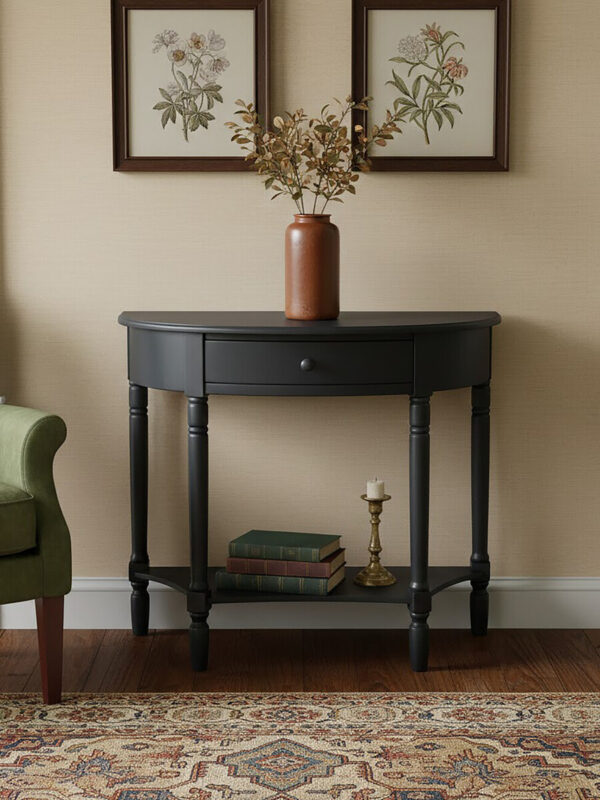 Heritage Black Half Moon Wooden Console Table with Drawer