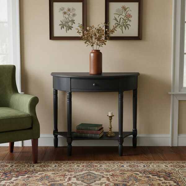Heritage Black Half Moon Wooden Console Table with Drawer