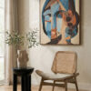 Vinsi Beige Fabric and Washed Elm Wood Chair with Cane Back