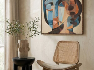 Vinsi Beige Fabric and Washed Elm Wood Chair with Cane Back