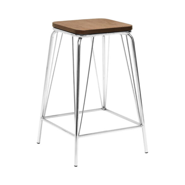 District Chrome Metal And Elm Wood Square Bar Stool