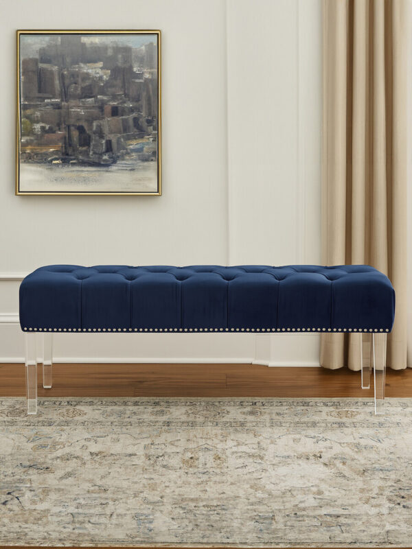 Clarence Blue Velvet Bench with Acrylic Legs