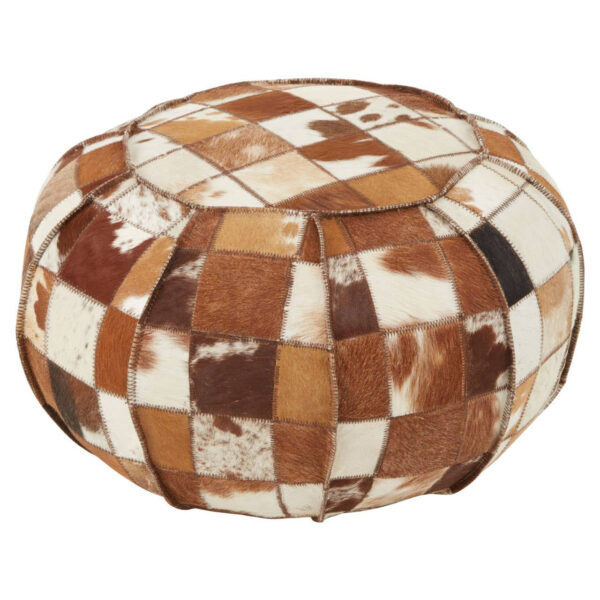 Buffalo Brown and Cream Hair on Leather Patchwork Pouffe