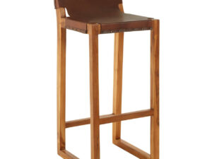 Kendari Brown Leather Bar Chair with Teak Wood Frame