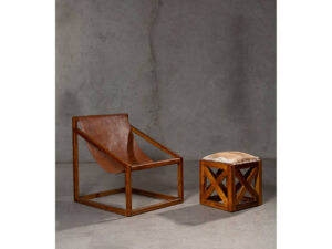 Kendari Hair on Leather and Teak Wood Square Stool