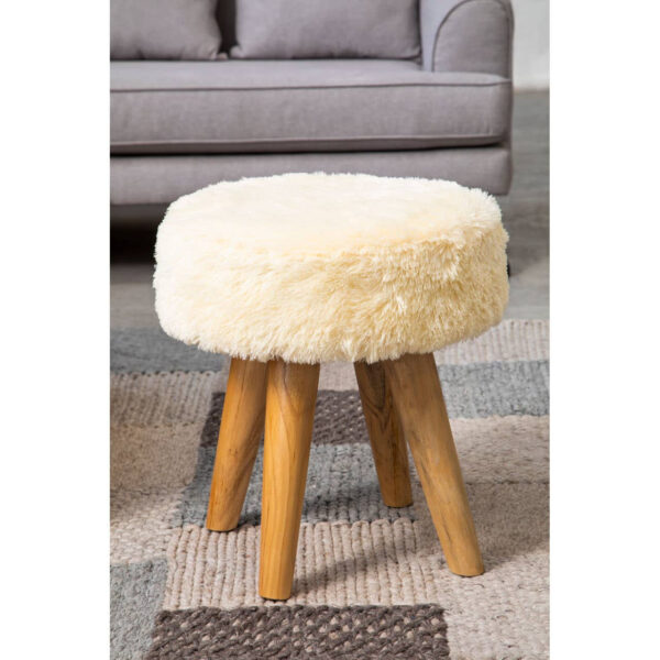 Kendari Cream Faux Fur and Teak Wood Stool
