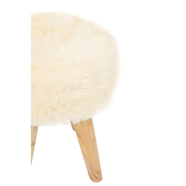 Kendari Cream Faux Fur and Teak Wood Stool