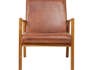 Kendari Brown Leather and Teak Wood Armchair