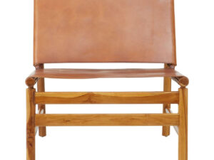 Kendari Brown Leather and Teak Modern Sling Chair