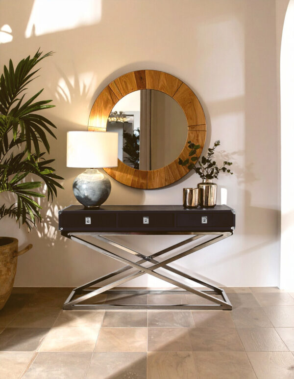 Kensington Townhouse Black Hair on Leather 3 Drawer Console Table