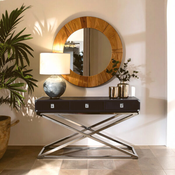 Kensington Townhouse Black Hair on Leather 3 Drawer Console Table