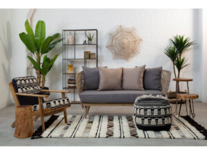 Cefena Black and White Shaggy Pouffe