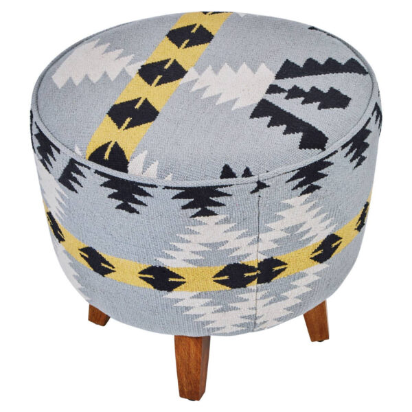 Cefena Kilim Style Round Footstool With Mango Wood Legs