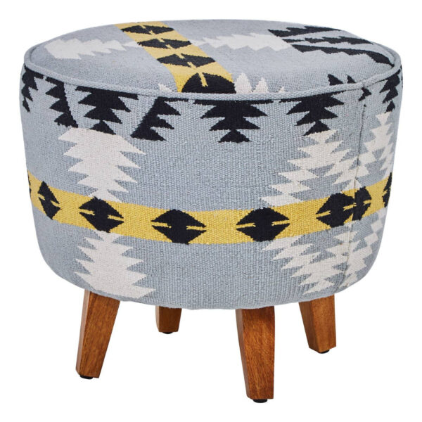 Cefena Kilim Style Round Footstool With Mango Wood Legs