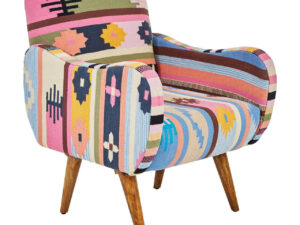 Cefena Multi Colour Kilim Style Fabric Chair With Mango Wood Legs