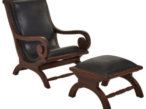 Inca Genuine Black Leather and Teak Lounge Chair with Footstool