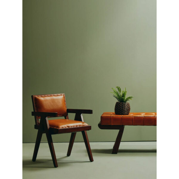 Inca Brown Leather Bench with Cedar Wood Angular Base