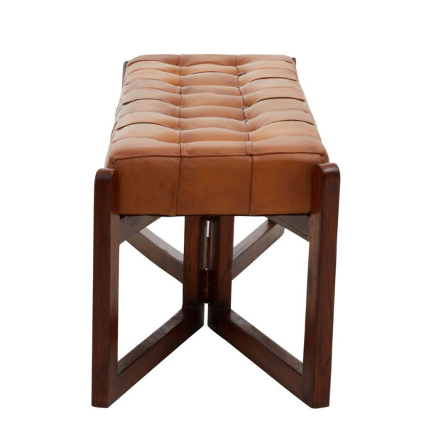 Inca Brown Leather Bench With Wooden Base