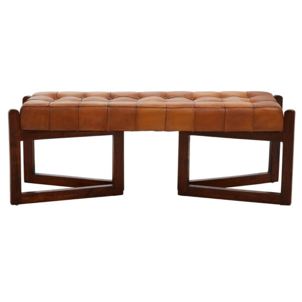 Inca Brown Leather Bench With Wooden Base