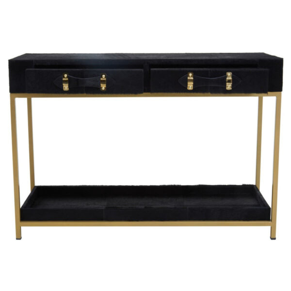 5528995_01__41706.1773229820.jpg Kensington Townhouse Gold and Black Hair on Leather Two Drawer Console Table