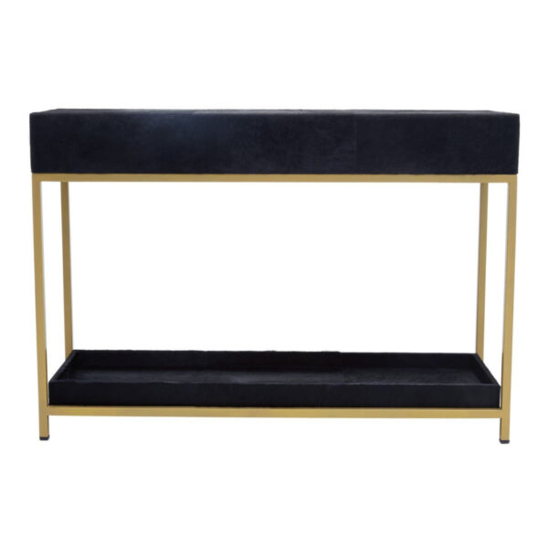 5528995_04__23229.1773229820.jpg Kensington Townhouse Gold and Black Hair on Leather Two Drawer Console Table
