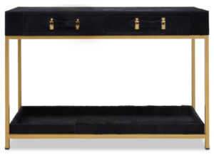 Kensington Townhouse Gold and Black Hair on Leather Two Drawer Console Table