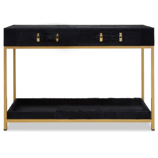 5528995__04597.1773229819-1.jpg Kensington Townhouse Gold and Black Hair on Leather Two Drawer Console Table