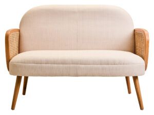 Cebu Ivory Fabric and Cane 2 Seat Sofa with Elm Wood Legs