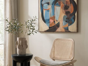 Vinsi Grey Fabric and Washed Elm Wood Chair with Cane Back