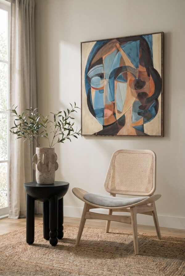 Vinsi Grey Fabric and Washed Elm Wood Chair with Cane Back