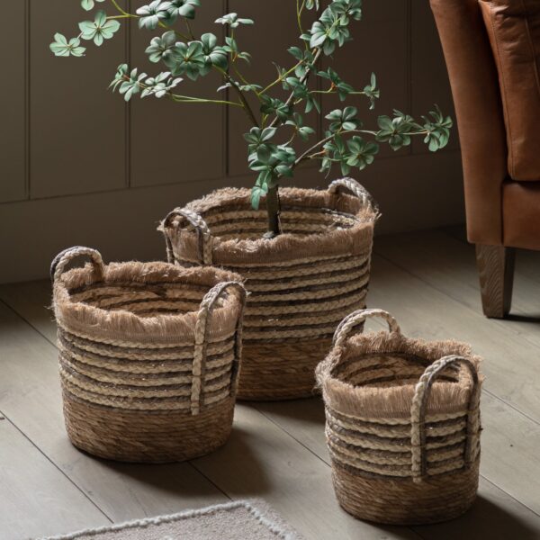 Fringed Woven Basket  Stripe Set of 3